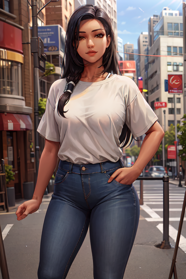 4291412631-736876301-amari, brown eyes, dressed in casual clothes, shirt, jeans, city street, sunlight, standing, best quality,.png